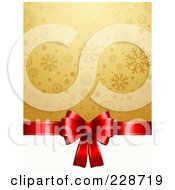 Poster, Art Print Of Shiny Red Bow Above White Space With Golden Snowflakes