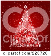 Poster, Art Print Of Christmas Tree Made Of Swirls Stars And Snowflakes On Snowy Red