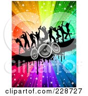 Poster, Art Print Of Silhouetted Dancers On A Black Grunge Speaker Bar Over A Starry Rainbow Burst