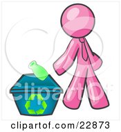 Poster, Art Print Of Pink Man Tossing A Plastic Container Into A Recycle Bin Symbolizing Someone Doing Their Part To Help The Environment And To Be Earth Friendly