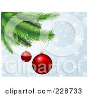Royalty Free RF Clipart Illustration Of Two Shiny Red Christmas Baubles Hanging From A Christmas Tree Over A Blue Snowflake Background