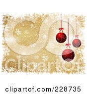 Royalty Free RF Clipart Illustration Of Three Red Christmas Baubles Over A Golden Snowflake Background With White Grunge Borders
