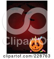Poster, Art Print Of Spider Web With Bats Over A Halloween Candy Pumpkin Basket On Red