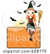 Poster, Art Print Of Witch Girl Sitting On A Blank Halloween Sign With Bats