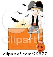 Poster, Art Print Of Pirate Boy Sitting On A Blank Halloween Sign With A Pumpkin Basket And Bats