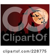 Royalty Free RF Clipart Illustration Of Bats And A Full Moon Above Silhouetted Gravestones Against A Red Sky by Pushkin