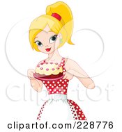 Royalty Free RF Clipart Illustration Of A Pretty Blond Woman In A Polka Dot Dress Holding A Cake
