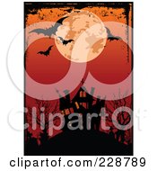 Poster, Art Print Of Grungy Border Around A Full Moon And Bats Above A Haunted House And Red Sky