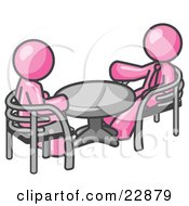 Poster, Art Print Of Two Pink Business Men Sitting Across From Eachother At A Table During A Meeting