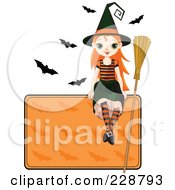 Poster, Art Print Of Halloween Witch Girl Sitting On A Blank Sign With Bats