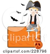 Poster, Art Print Of Halloween Pirate Boy Sitting On A Blank Orange Sign With A Pumpkin Basket And Bats