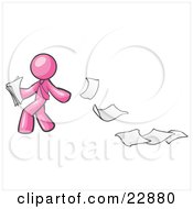 Pink Man Dropping White Sheets Of Paper On A Ground And Leaving A Paper Trail Symbolizing Waste by Leo Blanchette