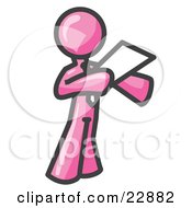 Pink Businessman Holding A Piece Of Paper During A Speech Or Presentation