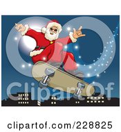 Poster, Art Print Of Santa Riding On A Magic Flying Skateboard Over A City