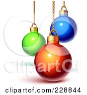 Royalty Free RF Clipart Illustration Of Shiny 3d Green Blue And Red Christmas Baubles Suspended From Gold Chains