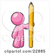 Clipart Illustration Of A Pink Man Holding Up And Standing Beside A Giant Yellow Number Two Pencil