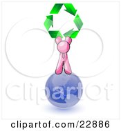 Pink Man Standing On Top Of The Blue Planet Earth And Holding Up Three Green Arrows Forming A Triangle And Moving In A Clockwise Motion Symbolizing Renewable Energy And Recycling by Leo Blanchette