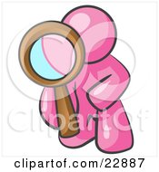 Clipart Illustration Of A Pink Man Kneeling On One Knee To Look Closer At Something While Inspecting Or Investigating