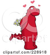 Poster, Art Print Of Red Dinosaur Holding Flowers Behind His Back