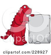 Poster, Art Print Of Red Dinosaur Holding And Pointing To A Stone Sign