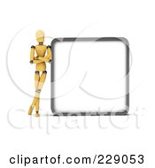 Royalty Free RF Clipart Illustration Of A 3d Wooden Mannequin Leaning Against A Blank Sign Board by stockillustrations