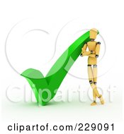 Royalty Free RF Clipart Illustration Of A 3d Wooden Mannequin Leaning Against A Green Check Mark
