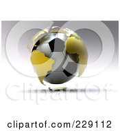 Poster, Art Print Of 3d Gold Globe Around A Soccer Ball On A Shaded Gray Background
