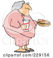 Fat Granny In Pink Sweats Carrying A Soda And Cheeseburger