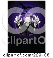 Creepy Skeleton Ghost Reaching Outwards With Bats And A Full Moon On Purple And Black