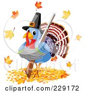 Cute Pilgrim Thanksgiving Turkey Holding A Shotgun And Standing In Autumn Leaves