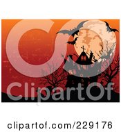 Poster, Art Print Of Silhouetted Haunted House With Graveyard Full Moon And Bats Against A Grungy Orange Sky
