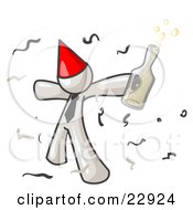 Clipart Illustration Of A Happy White Man Partying With A Party Hat Confetti And A Bottle Of Liquor