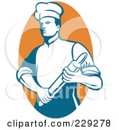 Retro Chef Holding A Rolling Pin Over An Orange Oval