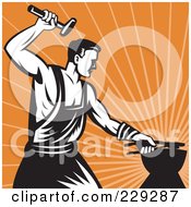 Poster, Art Print Of Retro Styled Blacksmith Working Over Orange Rays