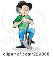 Poster, Art Print Of Happy Farmer Resting One Foot On A Shovel