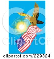 Royalty Free RF Clipart Illustration Of An Eagle Flying With An American Flag Against The Sun