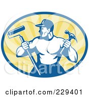 Royalty Free RF Clipart Illustration Of A Retro Handyman Holding A Paint Roller And Hammer Logo by patrimonio #COLLC229401-0113