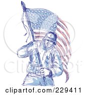 Royalty Free RF Clipart Illustration Of A Sketched Soldier Carrying An American Flag