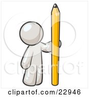 White Man Holding Up And Standing Beside A Giant Yellow Number Two Pencil by Leo Blanchette
