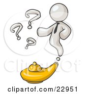 Clipart Illustration Of A White Genie Man Emerging From A Golden Lamp With Question Marks by Leo Blanchette