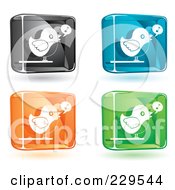 Digital Collage Of Black Blue Orange And Green Glass Singing Bird Icons With Shadows