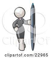Clipart Illustration Of A White Woman In A Gray Dress Standing With One Hand On Her Hip Holding A Huge Pen by Leo Blanchette