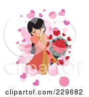 Poster, Art Print Of Blushing Girl Holding Flowers Over Pink And White