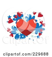 Poster, Art Print Of Red Heart And Little Hearts Over Blue Stars And Flowers On White