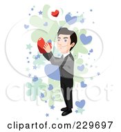 Poster, Art Print Of Happy Man Holding A Heart Over Blue Green And White