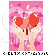 Poster, Art Print Of Hands Holding A Big Heart Over A Pink Background