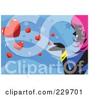 Royalty Free RF Clipart Illustration Of A Pink Haired Woman Blowing Hearts Over Blue by mayawizard101