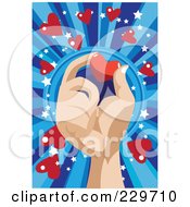 Poster, Art Print Of Hand Holding A Red Heart Over Blue Rays With Hearts And Stars