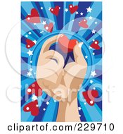 Royalty Free RF Clipart Illustration Of A Hand Holding A Red Heart Over Blue Rays With Hearts And Stars by mayawizard101
