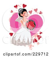 Poster, Art Print Of Happy Bride Holding Roses Over A Pink Heart On White